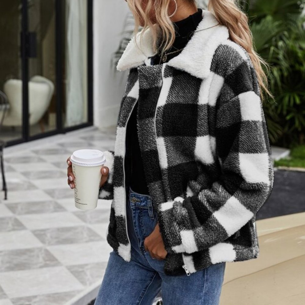 BOHO BABE Buffalo Plaid Zip Up Teddy Coat - Picture 4 of 7